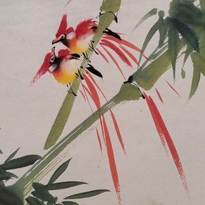 Vintage Hand-Painted Scroll - Two Red Bird